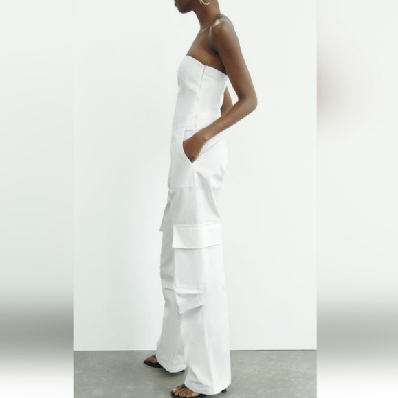 NWT Zara Strapless Utility Cargo Jumpsuit Wide White Long - Picture 13 of 16